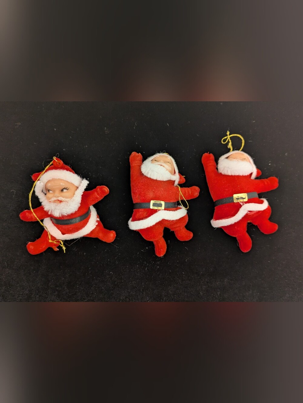 Vintage 1950's Flocked Red Dancing Blowmold Santa Ornaments - Set of 3